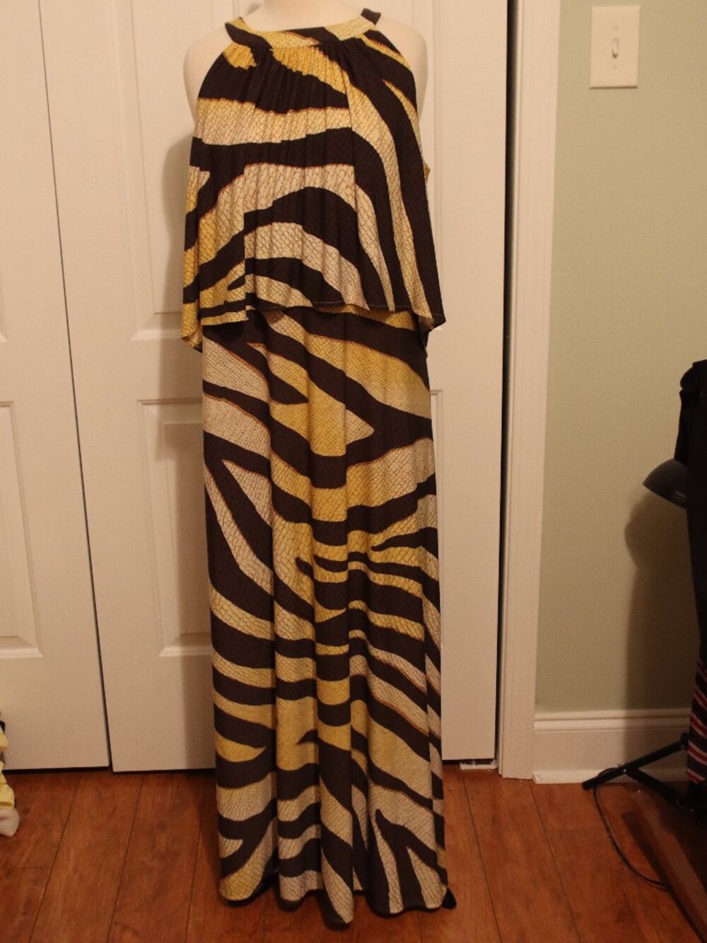 Chico's Yellow/Black Animal Print Halter Maxi Dress Layered Bodice Chico Sz 1